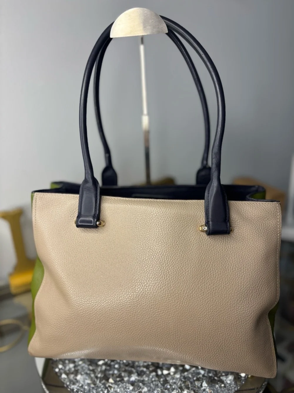 Coach 2015 Swagger Carryall Colorblock Leather Tote Satchel STONE Green Navy EUC - Picture 4 of 15